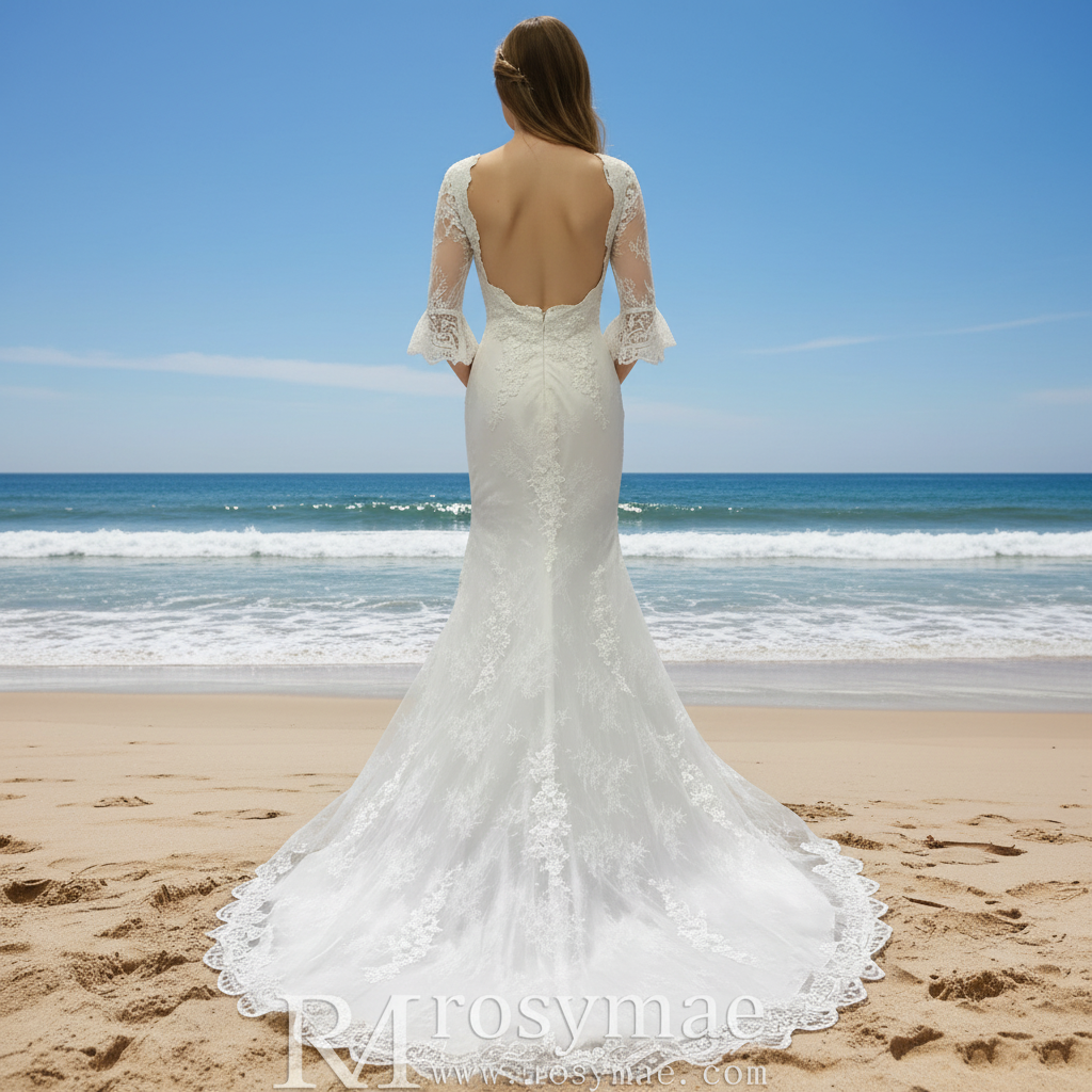 Fit and Flare Deep Vneck Lace Wedding Dress with Long Trumpet Sleeve Rosymae Fit and Flare Deep Vneck Lace Wedding Dress with Long Trumpet Sleeve Rosymae