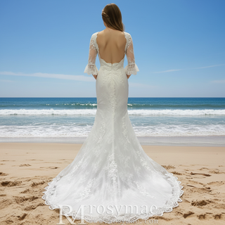 Fit and Flare Deep Vneck Lace Wedding Dress with Long Trumpet Sleeve