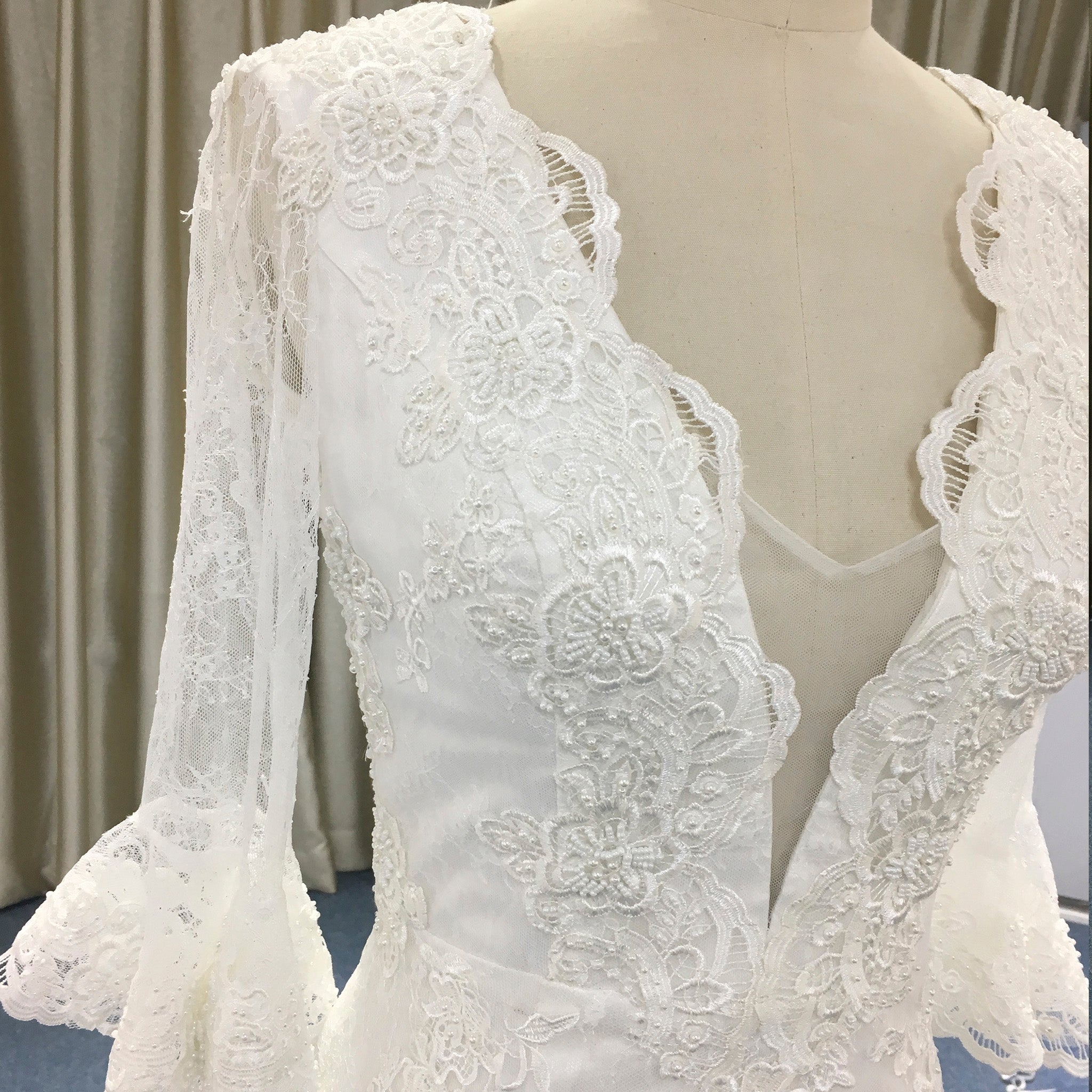 Fit and Flare Deep Vneck Lace Wedding Dress with Long Trumpet Sleeve Rosymae Fit and Flare Deep Vneck Lace Wedding Dress with Long Trumpet Sleeve Rosymae