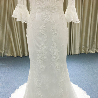 Fit and Flare Deep Vneck Lace Wedding Dress with Long Trumpet Sleeve