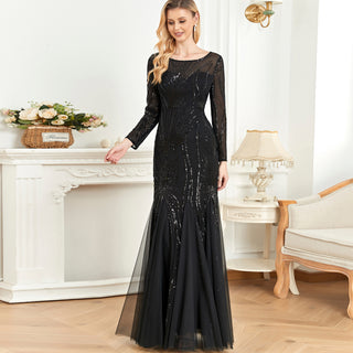 Sparkly Sequins Evening Dress Long Sleeves Wedding Party Maxi Dress Navy Blue / M Sparkly Sequins Evening Dress Long Sleeves Wedding Party Maxi Dress Navy Blue / M