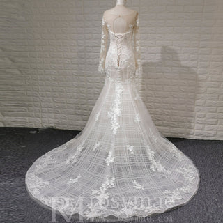 Long Sleeve Mermaid Style Lace Wedding Dress with Keyhole Back - Rosymae