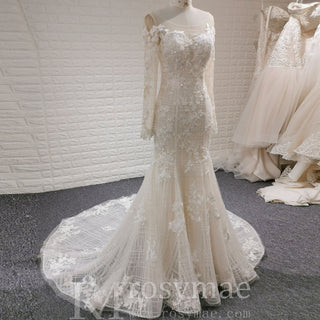 Long Sleeve Mermaid Style Lace Wedding Dress with Keyhole Back - Rosymae