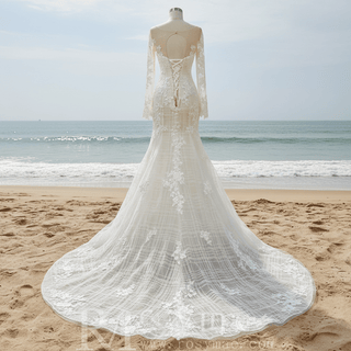 Long Sleeve Mermaid Style Lace Wedding Dress with Keyhole Back - Rosymae