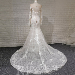 Long Sleeve Mermaid Style Lace Wedding Dress with Keyhole Back - Rosymae