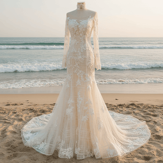 Long Sleeve Mermaid Style Lace Wedding Dress with Keyhole Back - Rosymae