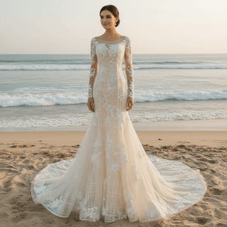 Long Sleeve Mermaid Style Lace Wedding Dress with Keyhole Back - Rosymae
