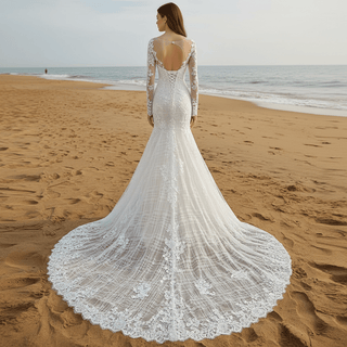 Long Sleeve Mermaid Style Lace Wedding Dress with Keyhole Back - Rosymae