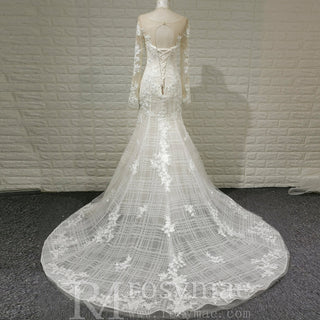 Long Sleeve Mermaid Style Lace Wedding Dress with Keyhole Back - Rosymae