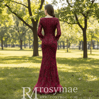 Long Sleeve Mermaid Tulle Sequins Prom Dress With Detachable Train - Rosymae