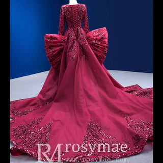 Long Sleeve Mermaid Tulle Sequins Prom Dress With Detachable Train - Rosymae