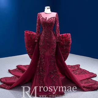 Long Sleeve Mermaid Tulle Sequins Prom Dress With Detachable Train - Rosymae