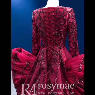 Long Sleeve Mermaid Tulle Sequins Prom Dress With Detachable Train - Rosymae