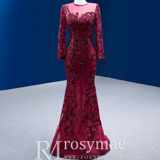 Long Sleeve Mermaid Tulle Sequins Prom Dress With Detachable Train - Rosymae