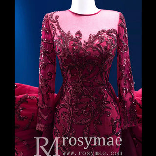 Long Sleeve Mermaid Tulle Sequins Prom Dress With Detachable Train - Rosymae