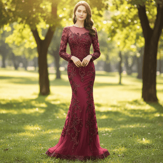 Long Sleeve Mermaid Tulle Sequins Prom Dress With Detachable Train - Rosymae