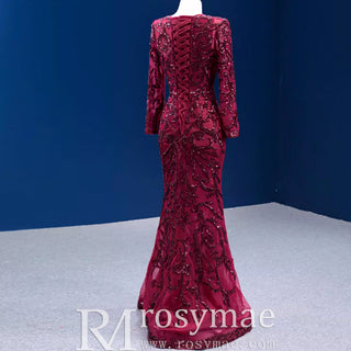 Long Sleeve Mermaid Tulle Sequins Prom Dress With Detachable Train - Rosymae