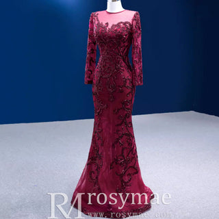 Long Sleeve Mermaid Tulle Sequins Prom Dress With Detachable Train - Rosymae