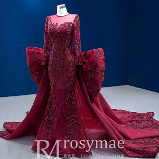 Long Sleeve Mermaid Tulle Sequins Prom Dress With Detachable Train - Rosymae