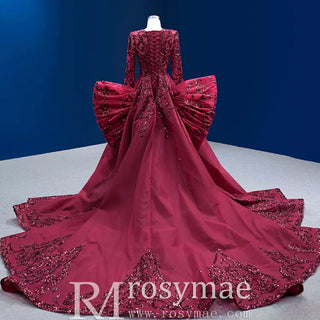 Long Sleeve Mermaid Tulle Sequins Prom Dress With Detachable Train - Rosymae