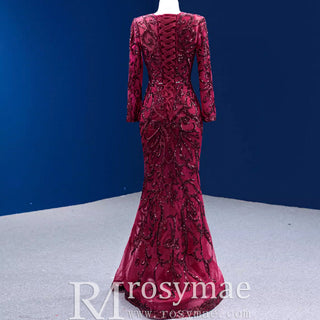 Long Sleeve Mermaid Tulle Sequins Prom Dress With Detachable Train - Rosymae