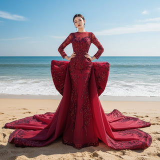 Long Sleeve Mermaid Tulle Sequins Prom Dress With Detachable Train - Rosymae