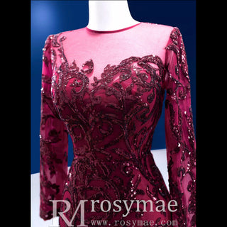 Long Sleeve Mermaid Tulle Sequins Prom Dress With Detachable Train - Rosymae