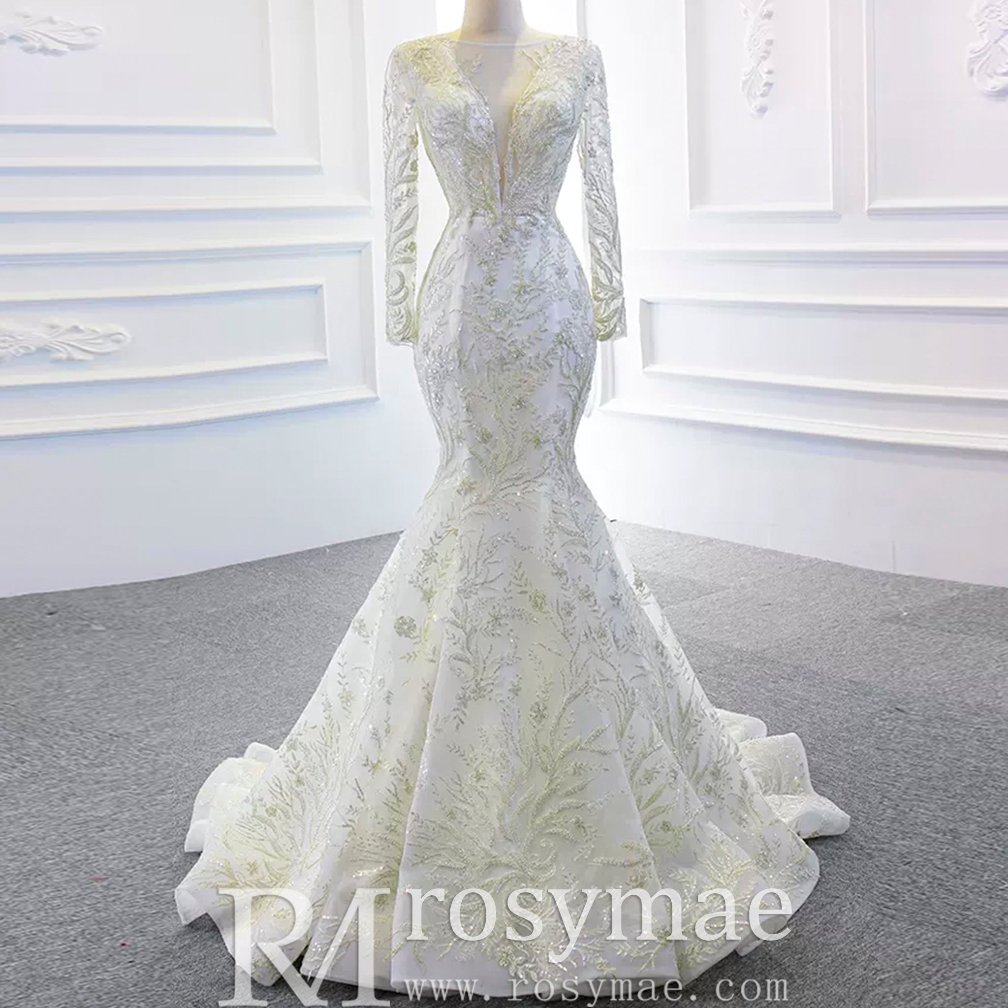 Long Sleeve Mermaid Wedding Dress with Detachable Skirt - Rosymae