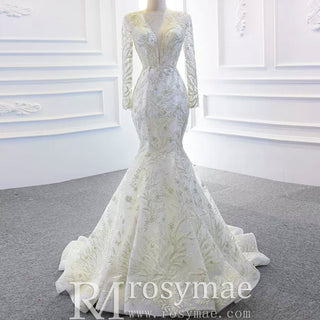 Long Sleeve Mermaid Wedding Dress with Detachable Skirt - Rosymae