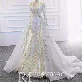 Long Sleeve Mermaid Wedding Dress with Detachable Skirt - Rosymae