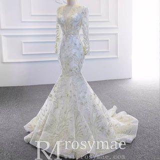 Long Sleeve Mermaid Wedding Dress with Detachable Skirt - Rosymae