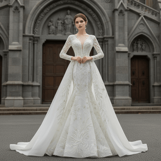 Long Sleeve Mermaid Wedding Dress with Detachable Skirt - Rosymae