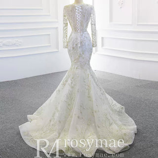 Long Sleeve Mermaid Wedding Dress with Detachable Skirt - Rosymae