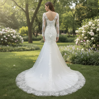 Elegant V-neck Mermaid Wedding Dress with Long Sleeves