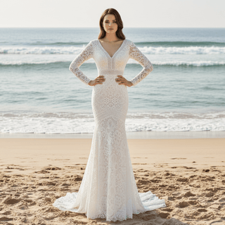 Long Sleeve Mermaid Wedding Dresses with Vintage Lace - Rosymae