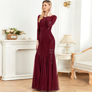 Sparkly Sequins Evening Dress Long Sleeves Wedding Party Maxi Dress Wine Crimson / 1XL Sparkly Sequins Evening Dress Long Sleeves Wedding Party Maxi Dress Wine Crimson / 1XL