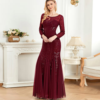 Sparkly Sequins Evening Dress Long Sleeves Wedding Party Maxi Dress Wine Crimson / 1XL Sparkly Sequins Evening Dress Long Sleeves Wedding Party Maxi Dress Wine Crimson / 1XL