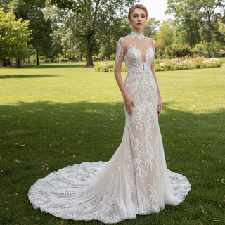 Mermaid Mesh Bodice Chapel Train Tulle Lace Wedding Dress