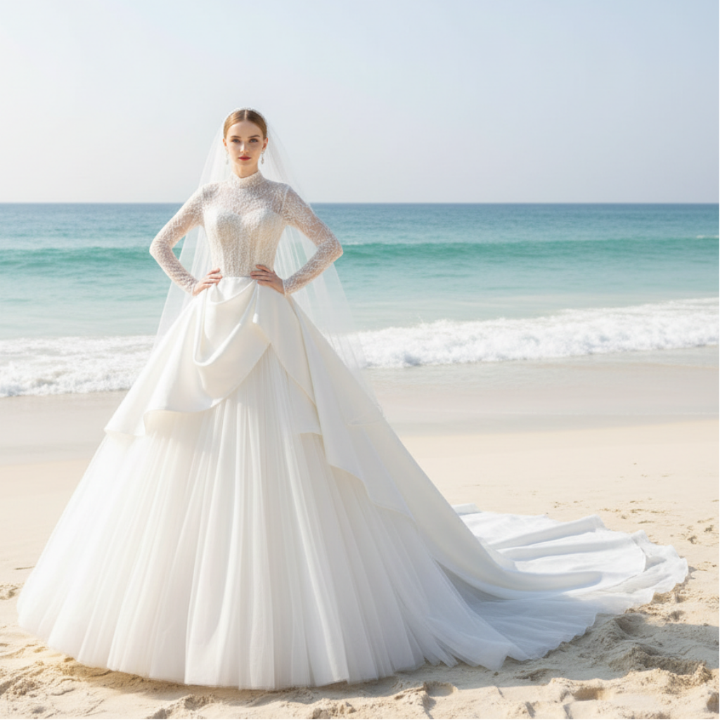 Sheer Long Sleeve O-neck TurtleNeck Muslim Wedding Dresses Ivory / Custom Size Sheer Long Sleeve O-neck TurtleNeck Muslim Wedding Dresses Ivory / Custom Size