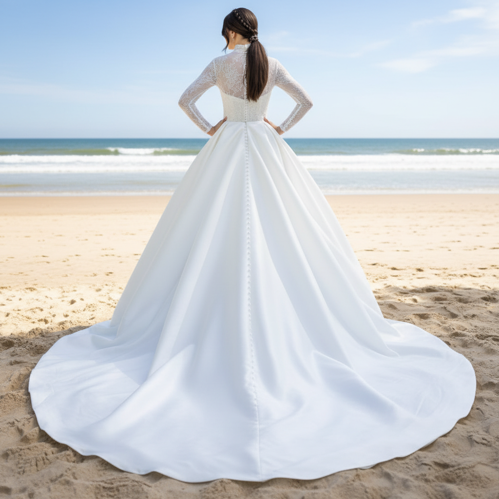 Sheer Long Sleeve O-neck TurtleNeck Muslim Wedding Dresses Ivory / Custom Size Sheer Long Sleeve O-neck TurtleNeck Muslim Wedding Dresses Ivory / Custom Size