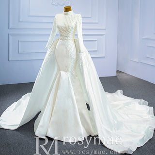 Long Sleeve O-Neck Mermaid Wedding Dress with Detachable Skirt - Rosymae