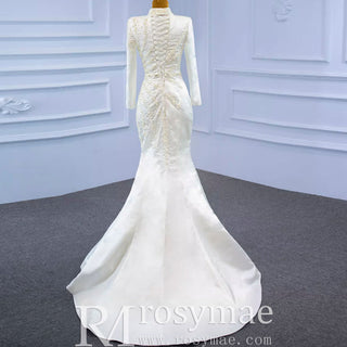 Long Sleeve O-Neck Mermaid Wedding Dress with Detachable Skirt - Rosymae
