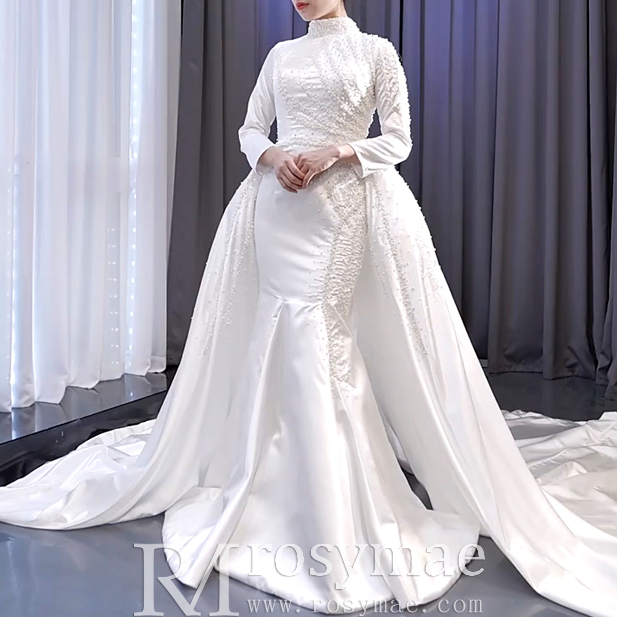 Long Sleeve O-Neck Mermaid Wedding Dress with Detachable Skirt - Rosymae