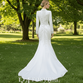 Long Sleeve O-Neck Mermaid Wedding Dress with Detachable Skirt - Rosymae