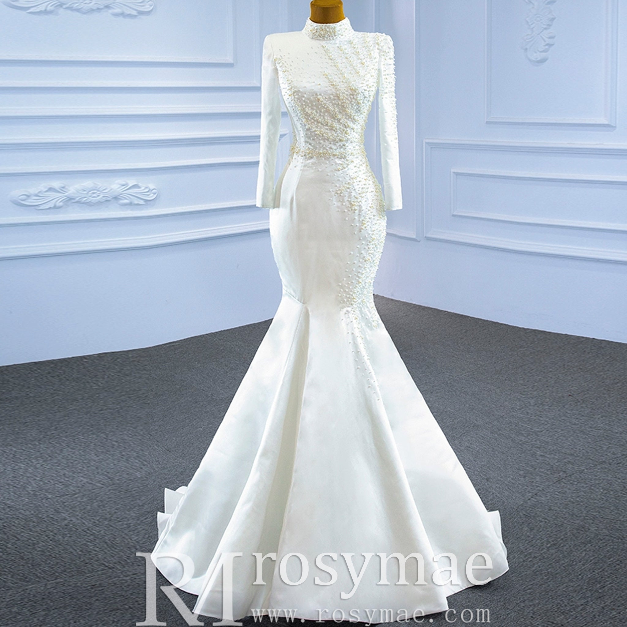 Long Sleeve O-Neck Mermaid Wedding Dress with Detachable Skirt - Rosymae