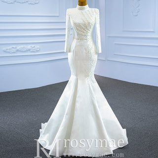 Long Sleeve O-Neck Mermaid Wedding Dress with Detachable Skirt - Rosymae