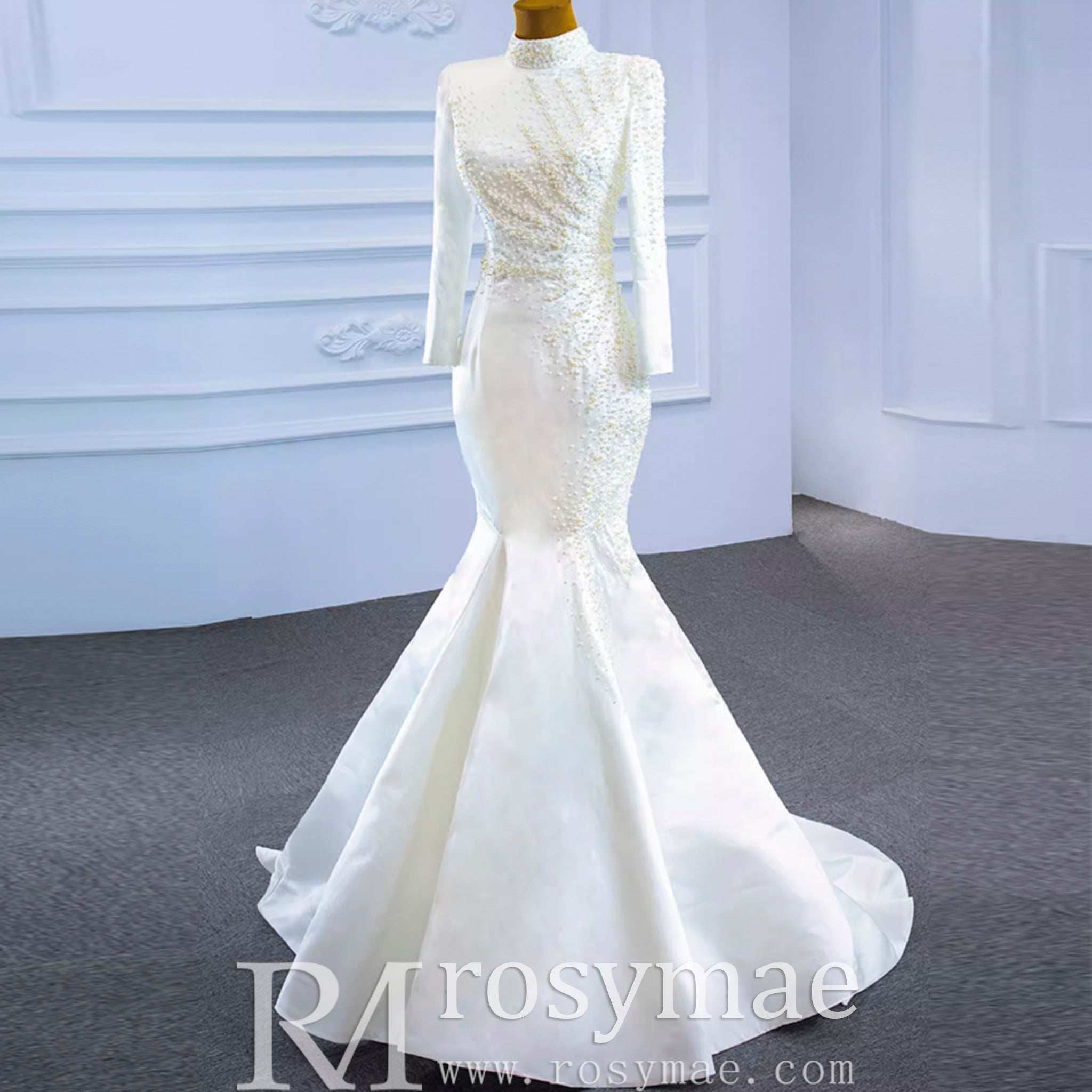 Long Sleeve O-Neck Mermaid Wedding Dress with Detachable Skirt - Rosymae