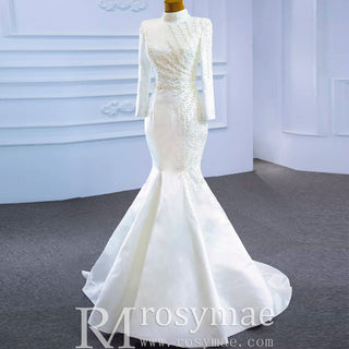 Long Sleeve O-Neck Mermaid Wedding Dress with Detachable Skirt - Rosymae