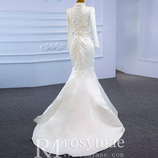 Long Sleeve O-Neck Mermaid Wedding Dress with Detachable Skirt - Rosymae