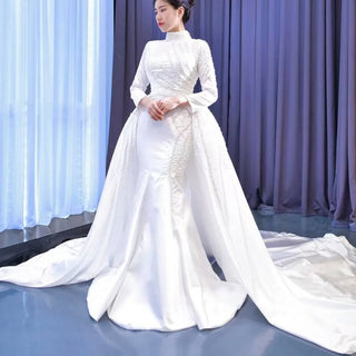 Long Sleeve O-Neck Mermaid Wedding Dress with Detachable Skirt - Rosymae